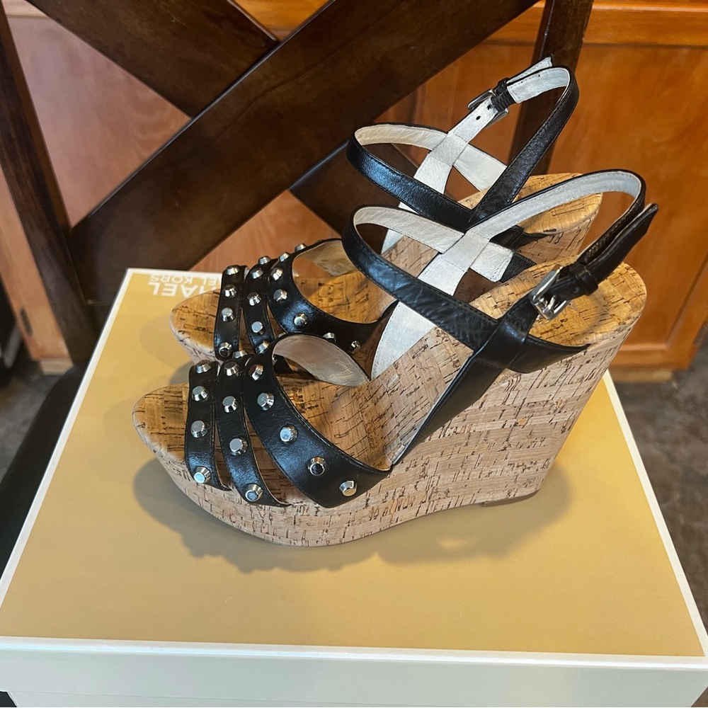 Michael Kors Jolie Black Tan Wedge with Studs